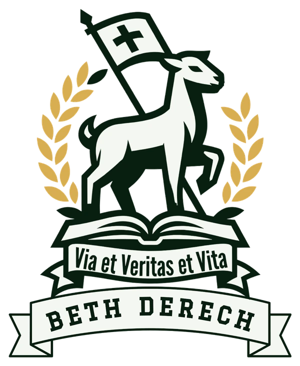 Beth Derech crest: a lamb bearing a cross banner, standing on an open book within a laurel wreath, with the motto Via et Veritas et Vita